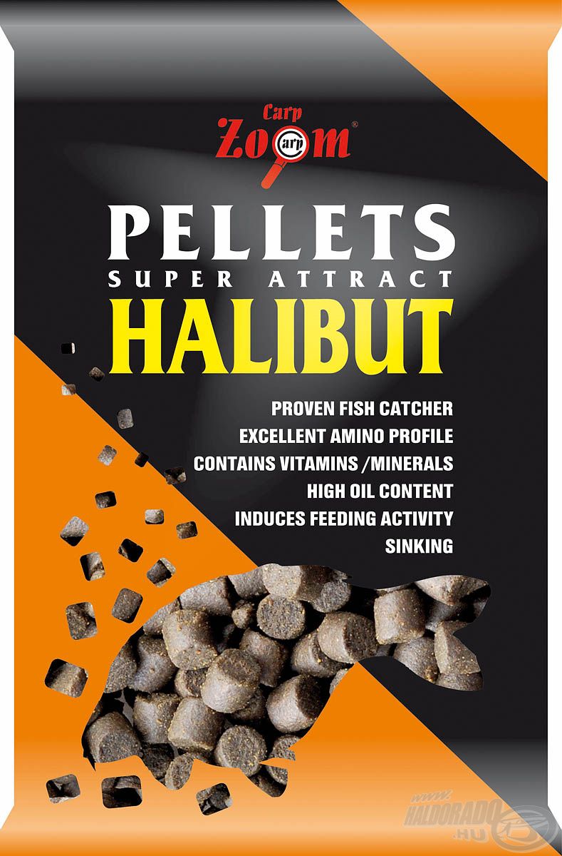 Három méretben kapható halibut pellet, mely összetevői révén folyamatos táplálkozásra készteti a halakat