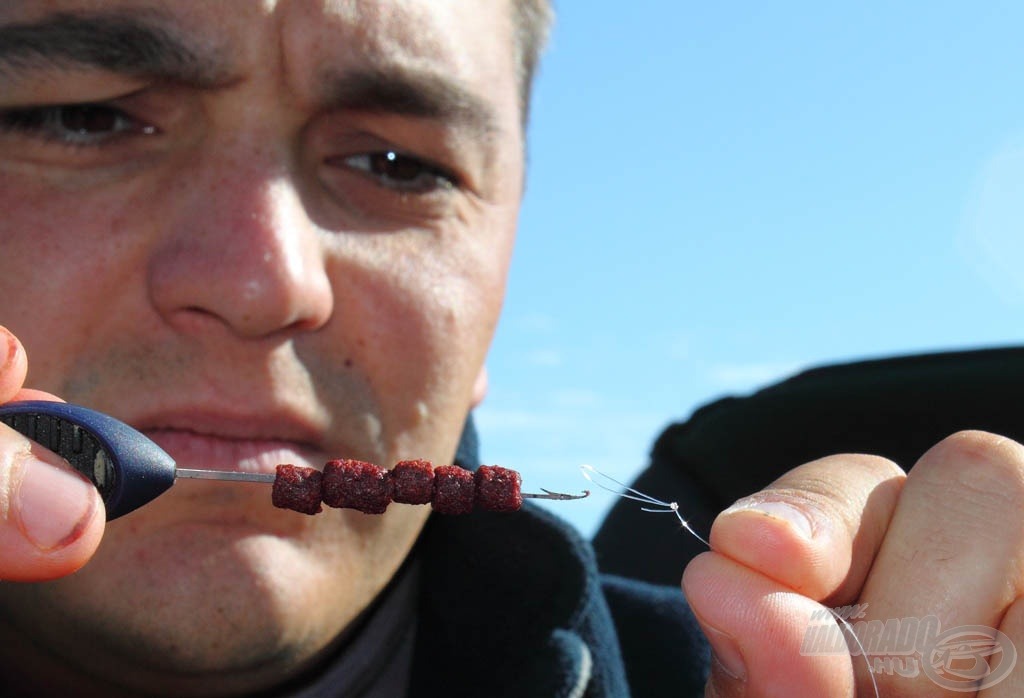 Első lépés, hogy húzzuk fel a lehető legvékonyabb fűzőtűre a puha pelleteket. Fontos hogy valóban vékony legyen, különben már itt szétreped az apró finomság. Én a Fox extra vékony pellet fűzőtűjét használom erre a célra. Sokan azt hiszik, bármilyen fűzőtű alkalmas erre… majd rájönnek!