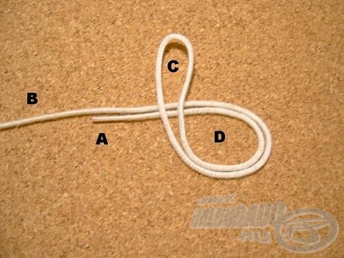Az (A) és a (B) szálrészt összefogjuk és egyszer önmagán átvesszük, így két hurkot kapunk, a (C) és a (D)-t