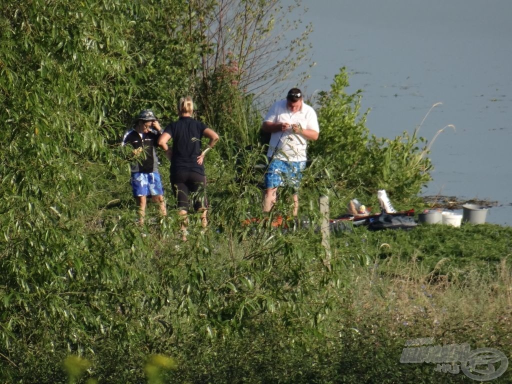 Családi anzix az előtározón, látszatra a lombok között