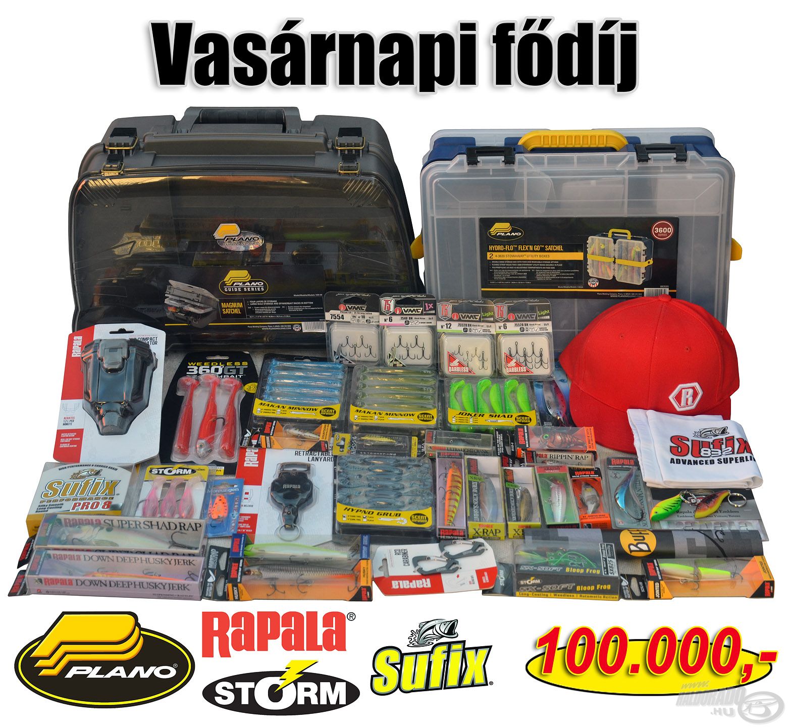 A tudáspróbával összekötött tombola fődíja a vasárnapi napon egy 100.000 Ft értékű Rapala-Sufix-Storm-Plano ajándékcsomag!