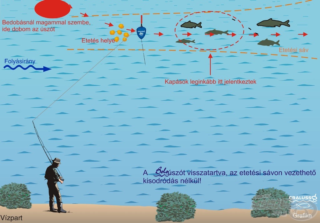 A képen próbáltam ábrázolni a Boló úszó működését és horgászatom vázlatát. A halak többségét a szaggatott vonallal jelzett területen fogtam, de a nagyobb testű dévérek az etetés alján jelentkeztek