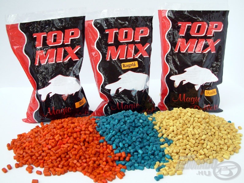 Top Mix Magic Pellets „kőkemény” megoldást kínál az apróhalaktól és törpeharcsáktól hemzsegő magyar vizeken. Nagyon lassan oldódik, 24 óra elteltével is megőrzi formáját. Különösen bevált a nyári szelektív amur- és pontyhorgászatok során. Hat különböző ízben (hal, kagyló, sajt, eper, méz, vanília) kapható