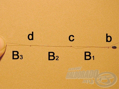 A B hurkot osszuk még három részre (B<sub>1-3</sub>) a c és a d csomókkal. A B<sub>3</sub> lesz a végfül. A három kisebb csomóra azért van szükség, hogy egy egyszerűsített gubancgátlóként szerepeljen, a duplán vett csomózott damil egy kissé merevebb, mint a szerelék többi része
