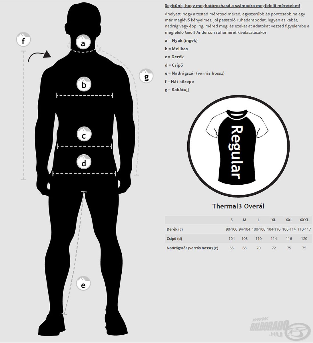 Természetesen a méretválasztást segítő ábra nem hiányozhat e ruházat adatlapjáról sem!