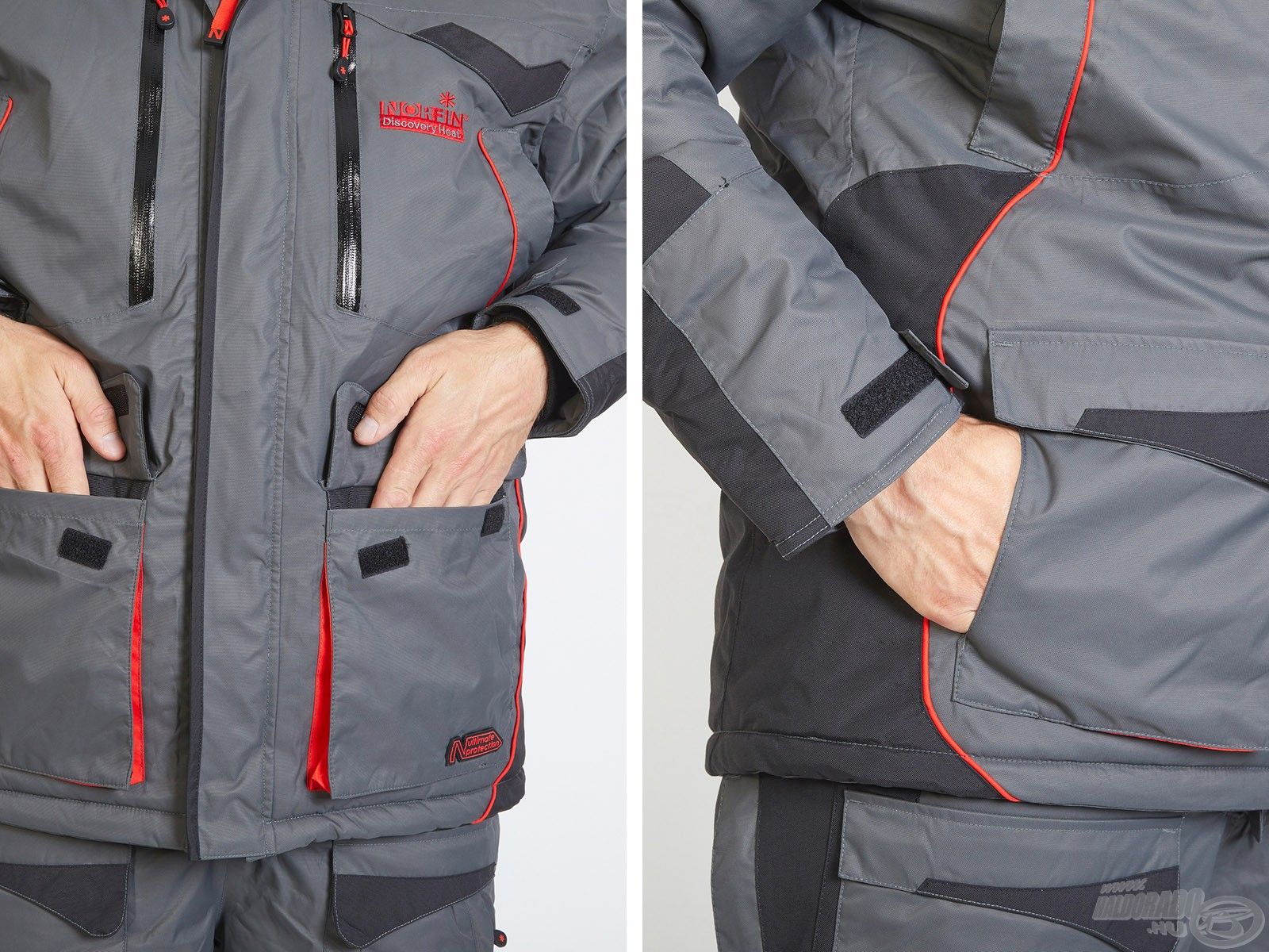 A kabát több kényelmes külső és belső zsebbel van ellátva