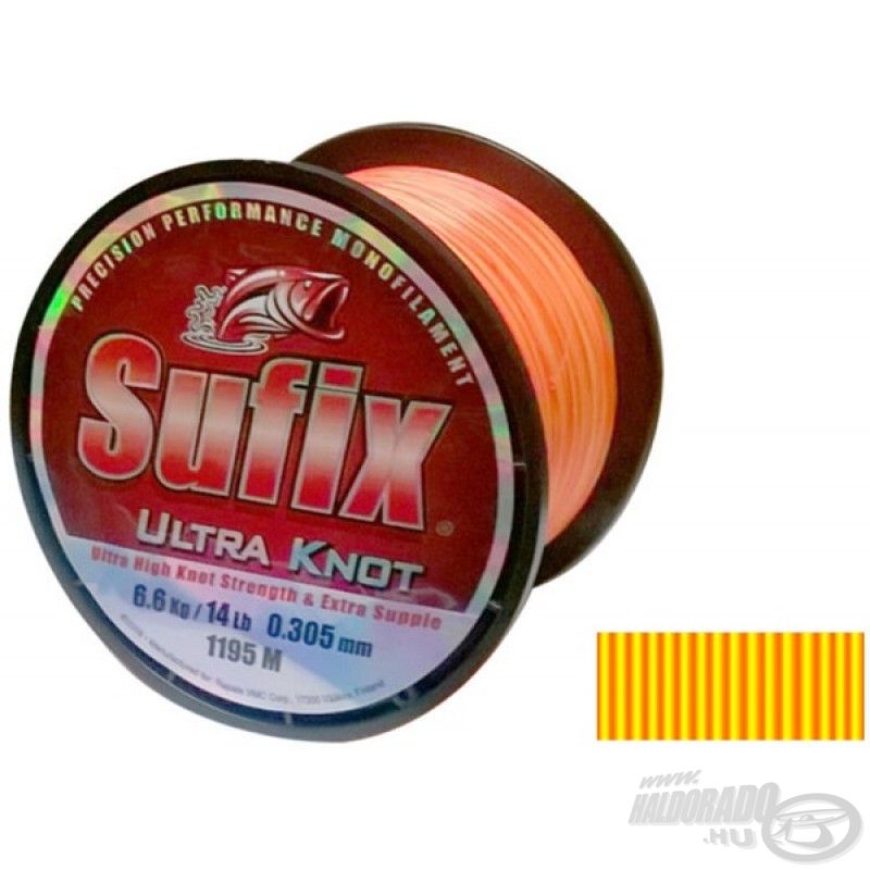 A SUFIX Ultra Knot yellow-orange zsinórnak a speciális gyártástechnológia miatt rendkívül nagy a csomótűrő képessége, lágysága miatt pedig nagyon könnyen fut le az orsó dobjáról