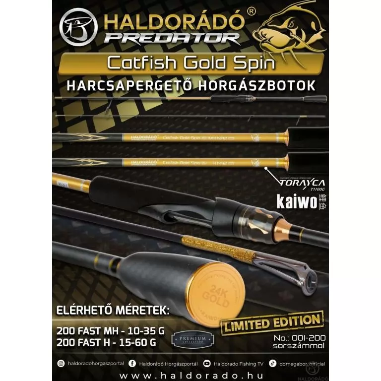 HALDORÁDÓ Predator Catfish Gold Spin 200 Fast H NR2 (15-60 g) by KAIWO 2 részes harcsapergető horgászbot / 1